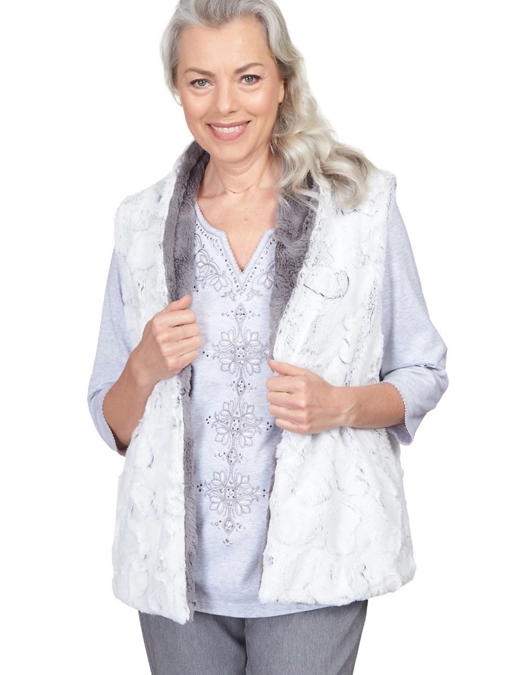 Plush Faux Fur Reversible Vest Light Gray w/Charcoal Trim Size 1X $35 EUC